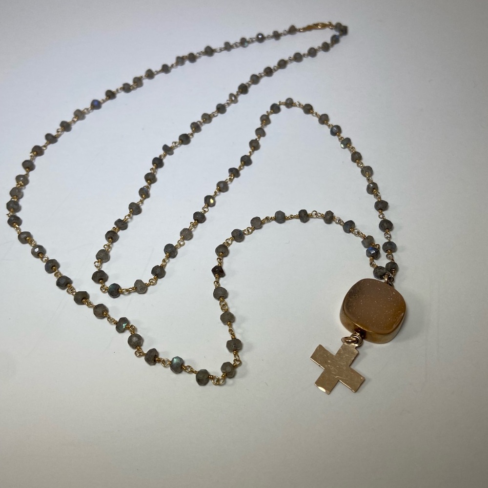 Sculptural Necklace Druzy pendant, beaded stones, + gold tone cross. Hangs 16.5”